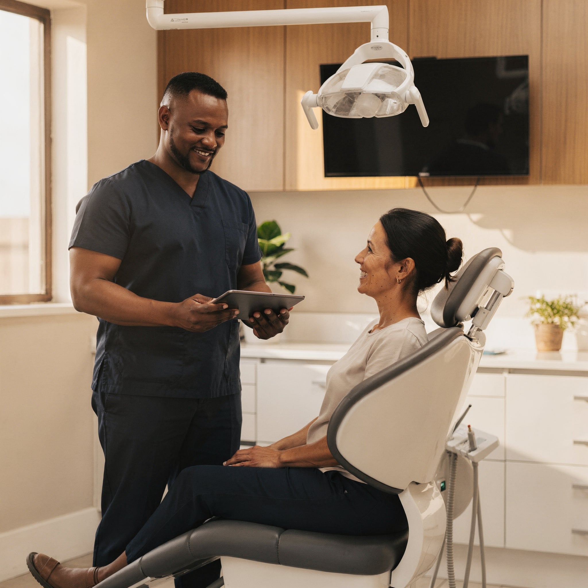 Dentist presenting treatment roadmap to patient in chair