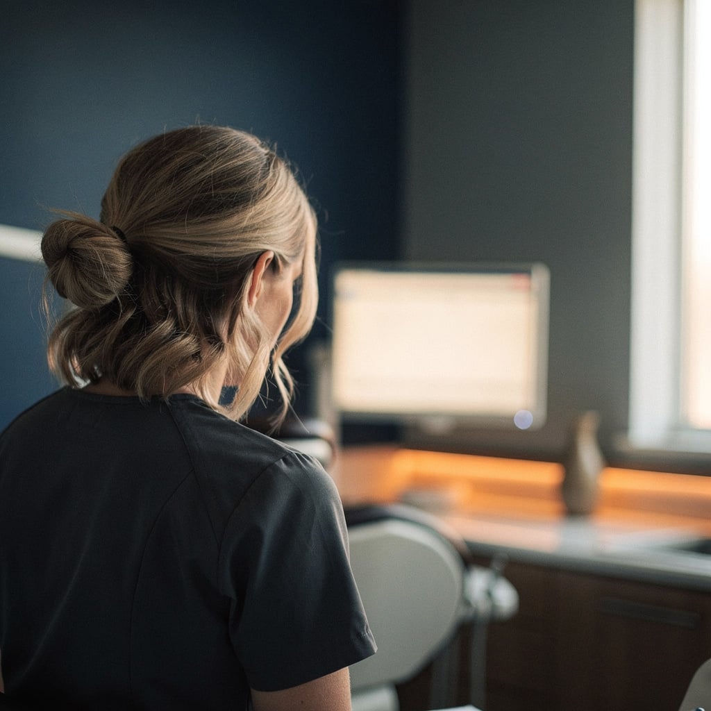 Dentist reviewing radiograph findings before adding to treatment plan